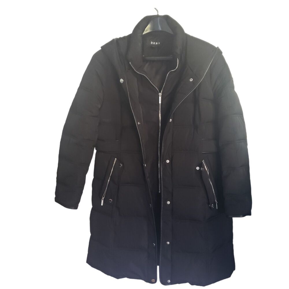 DKNY Winter Puffer Coat Black Hooded Large Knee Length Double Pockets Bib Front